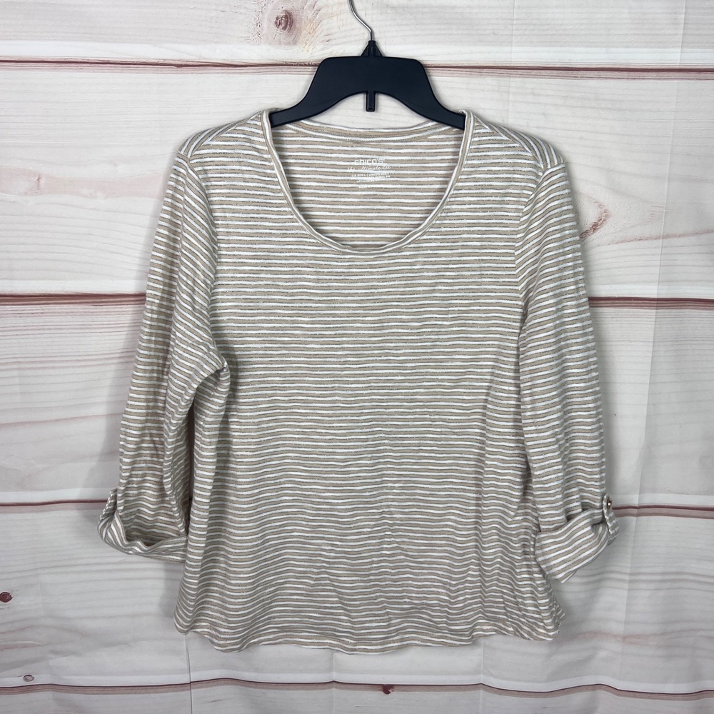Chicos Top Womens 2 L Beige Silver Stripe T-Shirt Tab Sleeve Scoop Neck Ultimate